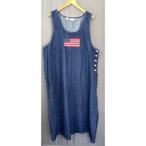 VTG Blue Denim Embroidered Flag Maxi Jumper Dress Sz 3X Cottage Granny Patriotic